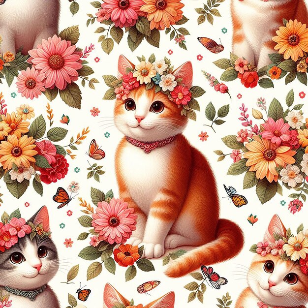 PSD cute cat with flower background seamless pattern