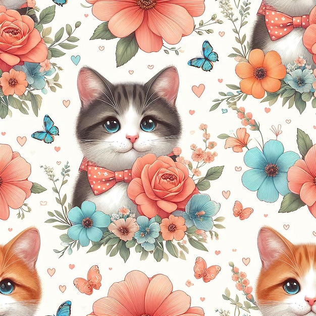 PSD cute cat with flower background seamless pattern