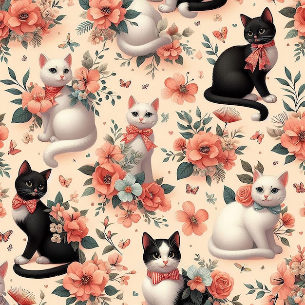 PSD cute cat with flower background seamless pattern