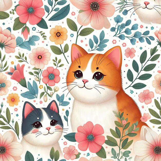 PSD cute cat with flower background seamless pattern