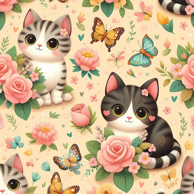 PSD cute cat with flower background seamless pattern