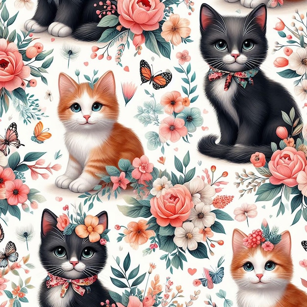 PSD cute cat with flower background seamless pattern