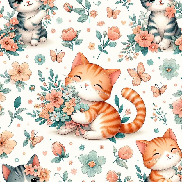 PSD cute cat with flower background seamless pattern