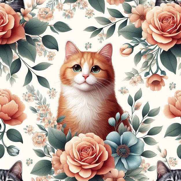 cute cat with flower seamless pattern