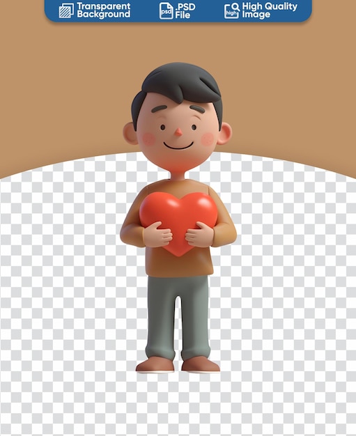 Cute Chibi Cartoon 3D Render Illustration of a Happy Man Holding a Big Red Heart