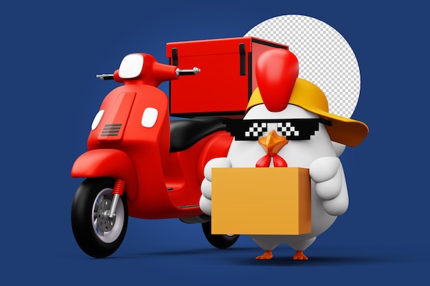 Cute chicken holding a parcel box delivery chicken 3d rendering