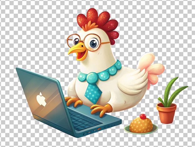 PSD cute chicken working on laptop