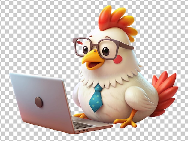 PSD cute chicken working on laptop