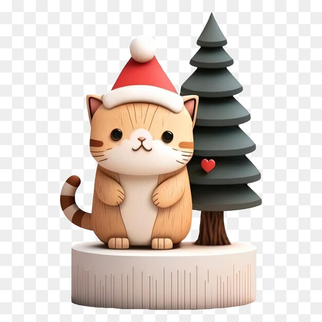 PSD cute christmas cat wearing a santa hat stand in front christmas tree and present.