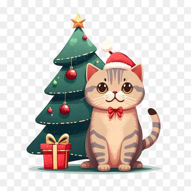 cute christmas cat wearing a santa hat stand in front christmas tree and present.