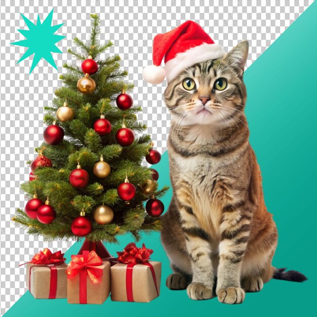 PSD cute christmas cat wearing a santa hat stand in on transparent background