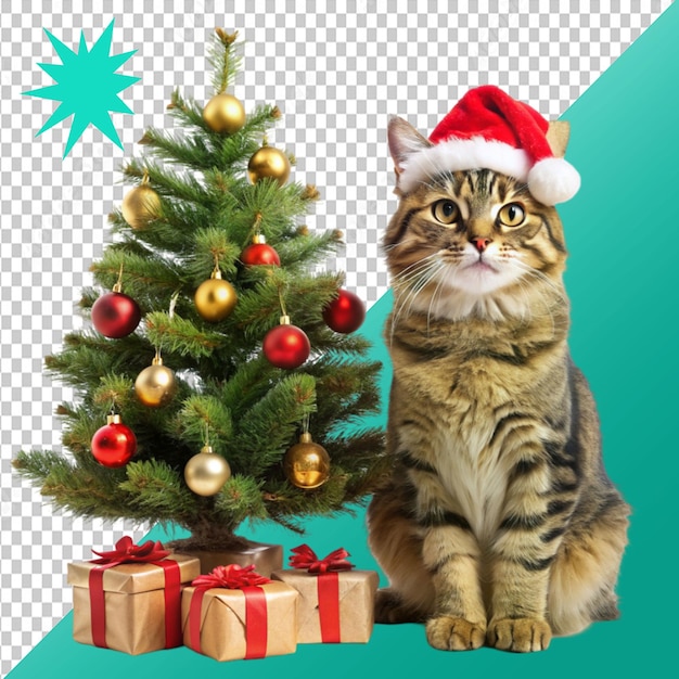 PSD cute christmas cat wearing a santa hat stand in on transparent background