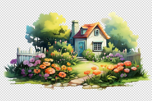 PSD cute cottage with garden isolated on transparent background