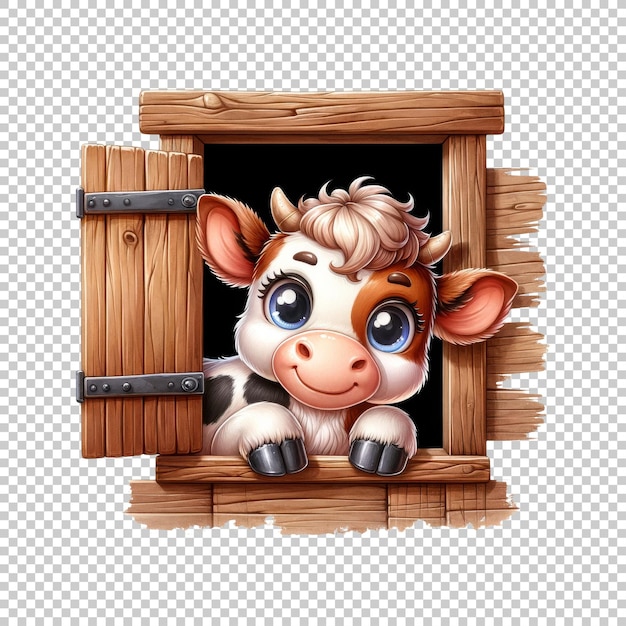 Cute cow in barn window illustration isolated on transparent background