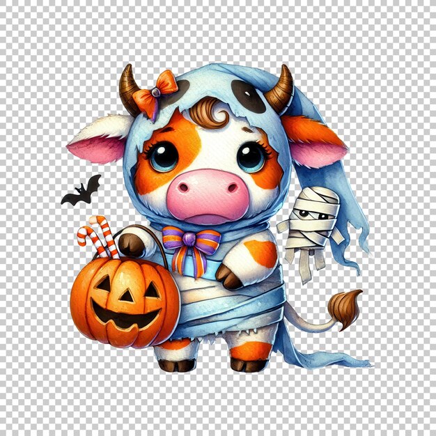 PSD cute cow dressed as a mummy with pumpkin for halloween isolated on transparent background