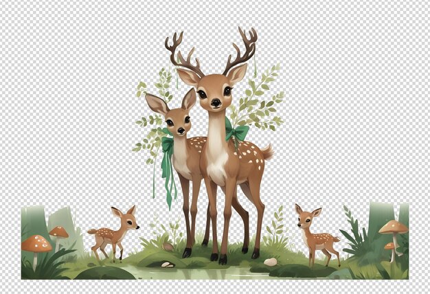 PSD cute deer in a forest with mushrooms and greenry with green bow watercolor transperent background