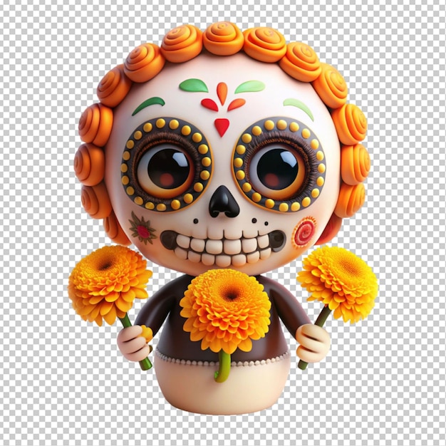 cute dial de loss Muertos skull holding marigold transparent background