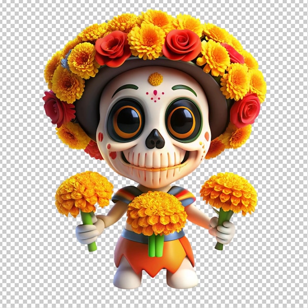 cute dial de loss Muertos skull holding marigold transparent background