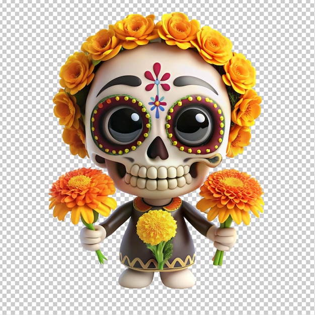 cute dial de loss Muertos skull holding marigold transparent background