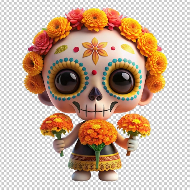 cute dial de loss Muertos skull holding marigold transparent background