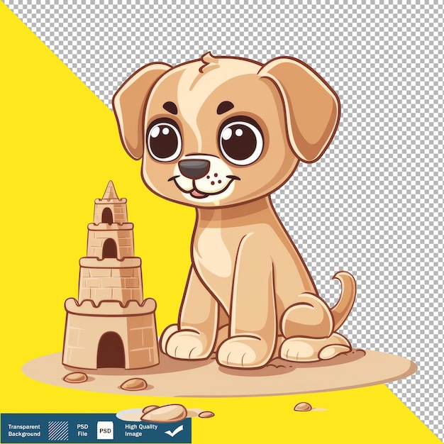 PSD cute dog building sandcastles on beach cartoon vector illustration transparent background png psd