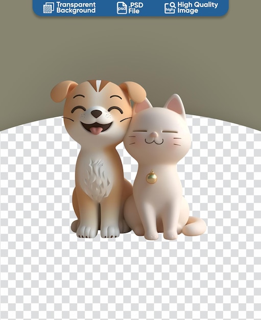 Cute dog and cat as chibi cartoon characters showing happy animal friendship in 3D render