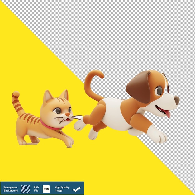 Cute Dog Chasing a Cat Cartoon 3D Icon transparent background PNG PSD