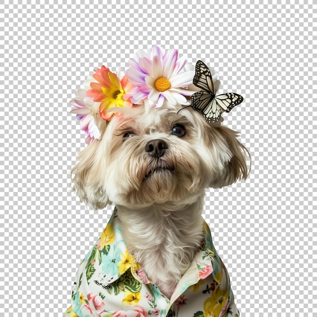 Cute dog in floral shirt with flower crown and butterfly isolated on transparent background