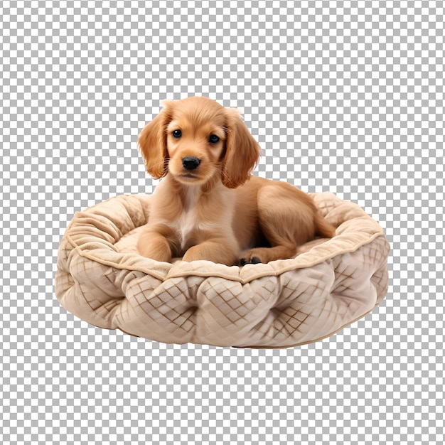 PSD cute dog sitting on pet bed isolated on a transparent background