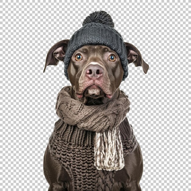 Cute dog with a knit hat and scarf isolated on transparent background