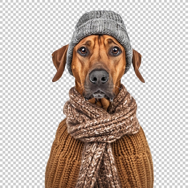 Cute dog with a knit hat and sweater isolated on transparent background