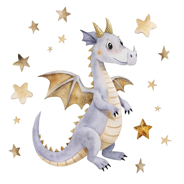 Cute dragon watercolor illustration for kids clothes and prints isolated clipart