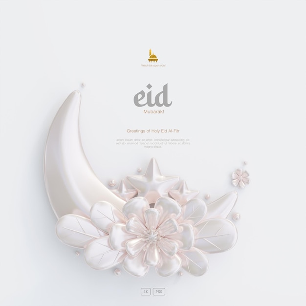 PSD cute eid al fitr greeting background decorated with 3d crescent moon and flowers