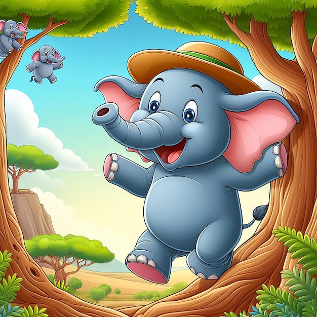 cute elephant cartoon with tree background