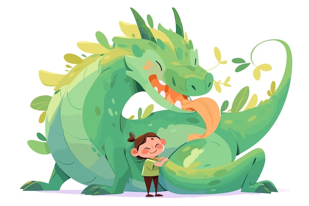 PSD cute and endearing illustration cartoon style representation of a dragon and a human child sitting