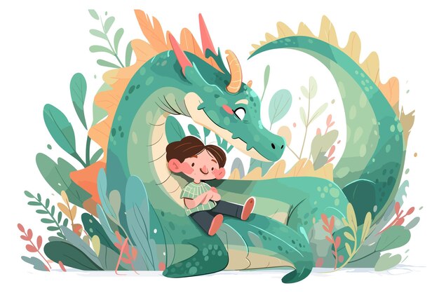 PSD cute and endearing illustration cartoon style representation of a dragon and a human child together