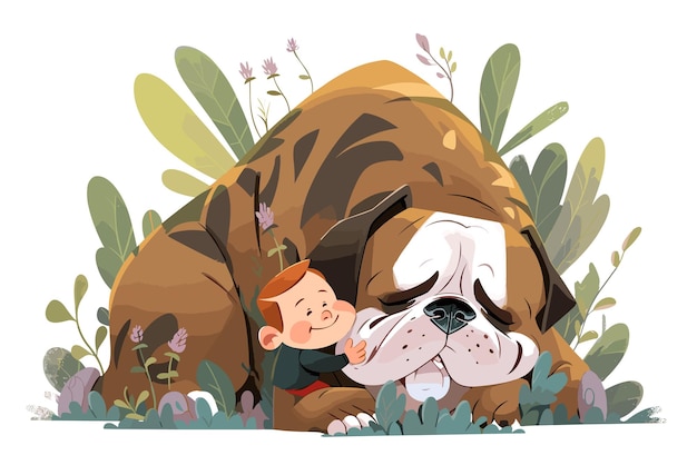 PSD cute and endearing illustration cartoon style representation of an english bulldog and a human child