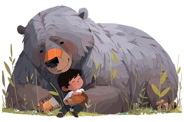 PSD cute and endearing illustration cartoon style representation of a grizzly bear and a human child