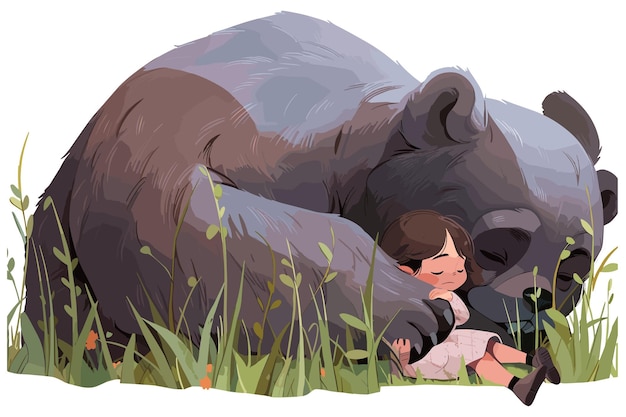 PSD cute and endearing illustration cartoon style representation of a grizzly bear and a human child