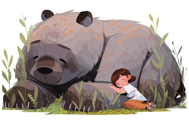 PSD cute and endearing illustration cartoon style representation of a grizzly bear and a human child