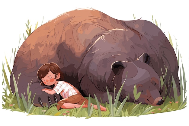 PSD cute and endearing illustration cartoon style representation of a grizzly bear and a human child