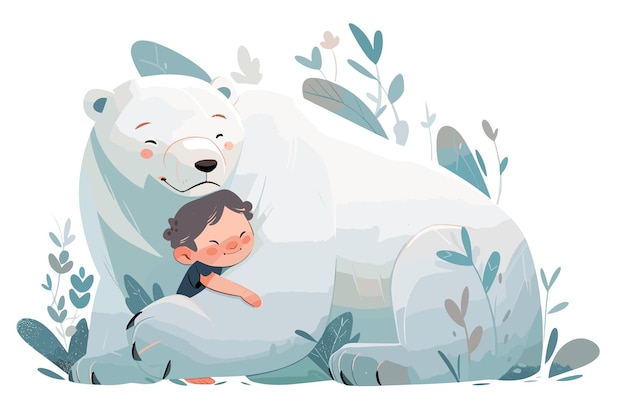 PSD cute and endearing illustration cartoon style representation of a polar bear and a human child