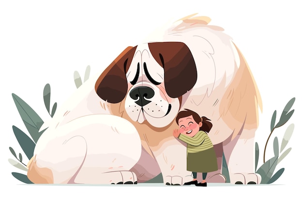 PSD cute and endearing illustration cartoon style representation of a saint bernard dog and a child