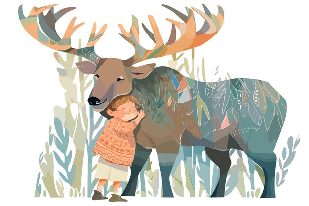 PSD cute and endearing illustration cartoon style representation of a stag and a human child together