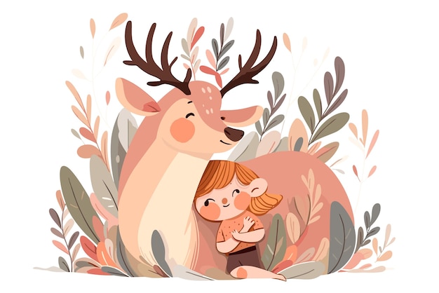 PSD cute and endearing illustration cartoon style representation of a stag and a human child together