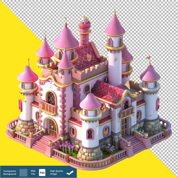 Cute Fairy Tale Castle 3D Isometric Render transparent background PNG PSD