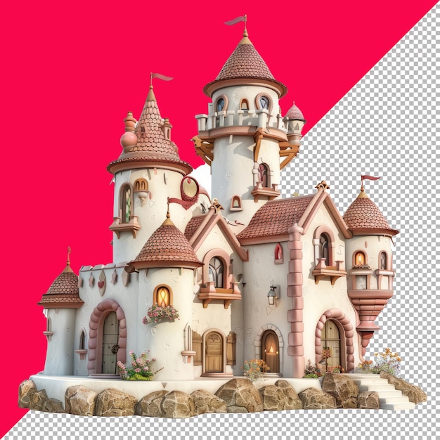 PSD cute fantasy castle 3d isolated render white background transparent background png psd