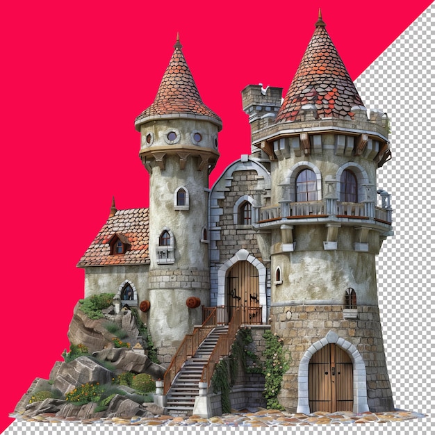 PSD cute fantasy castle 3d isolated render white background transparent background png psd