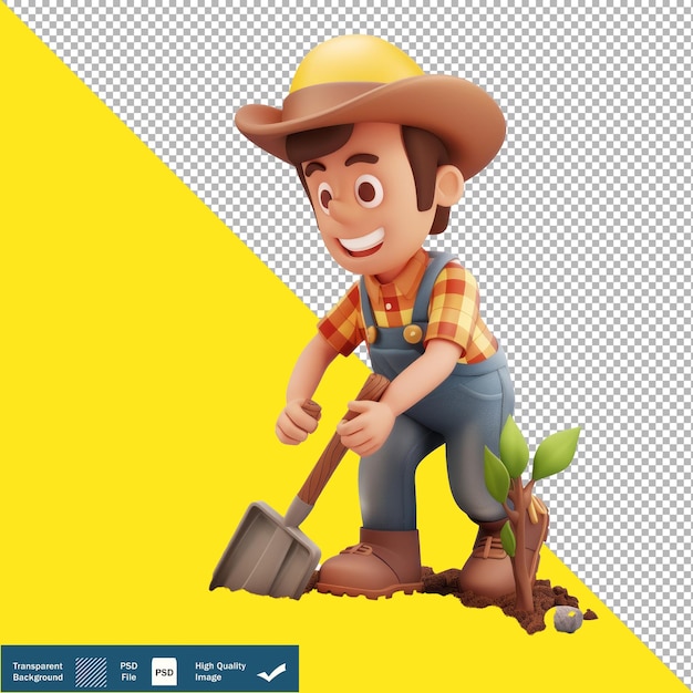 Cute Farmer working in the field cartoon 3D render transparent background PNG PSD