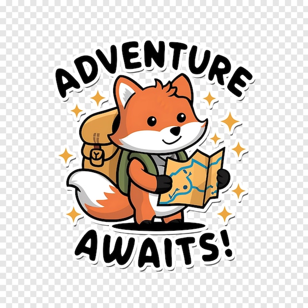 PSD cute fox sticker having holding map and text that says adventure awaits